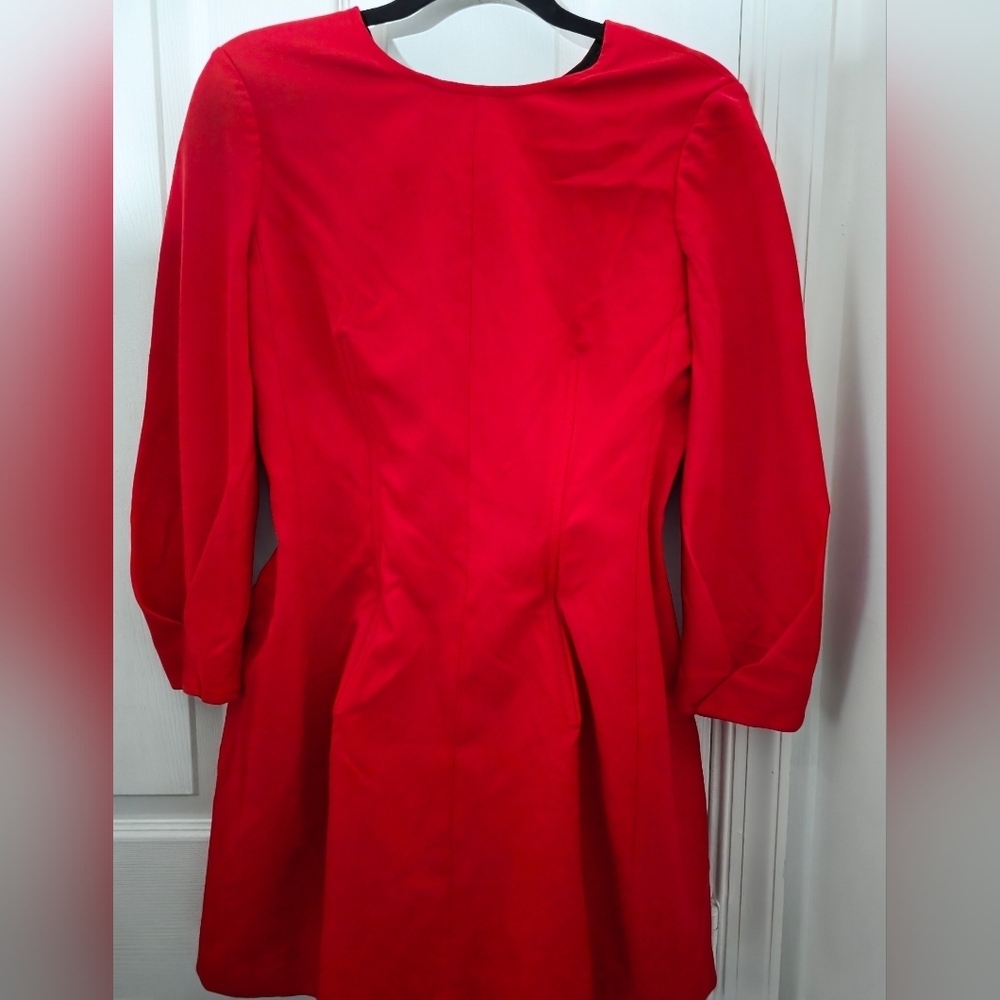 ZARA Mini Voluminous Dress Red 3/4 Pleated Sleeves Size 8 - Picture 5 of 7